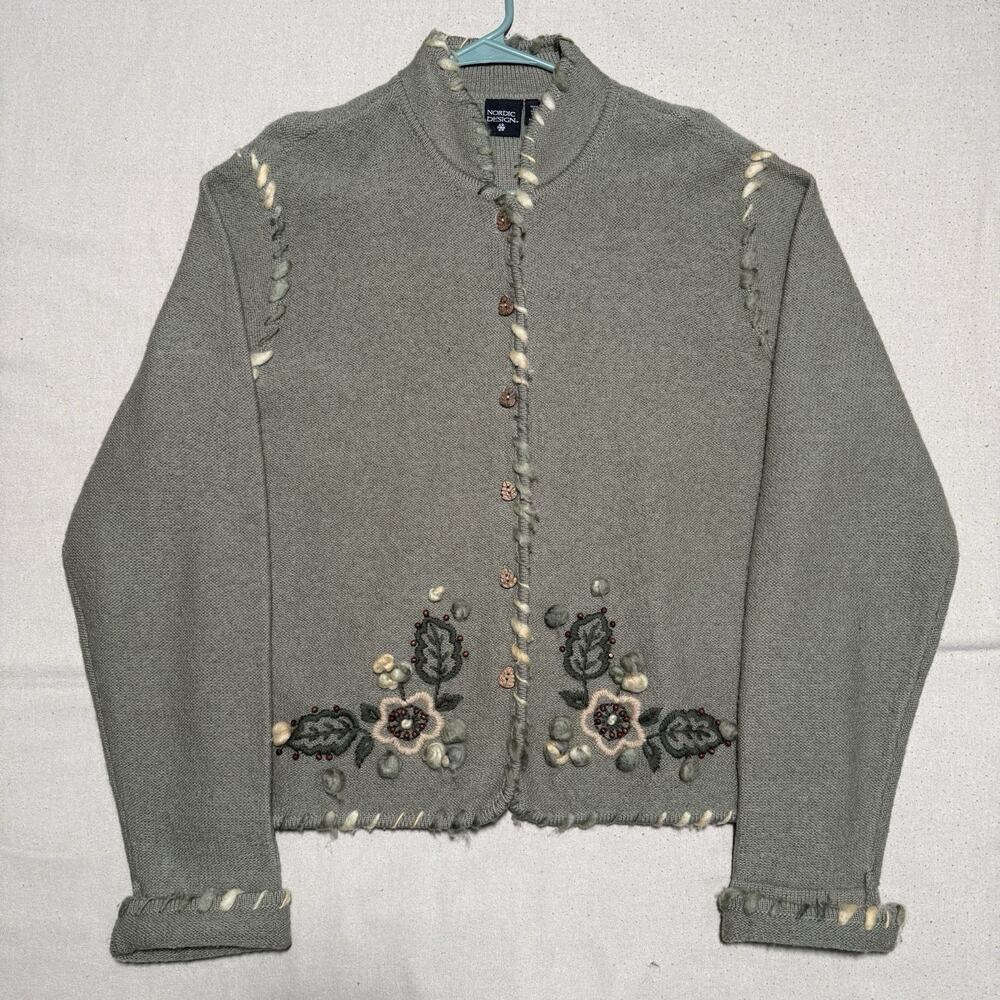 Vtg Nordic Design Womens Large Wool Knit Floral Leaves Button Cardigan Sweater